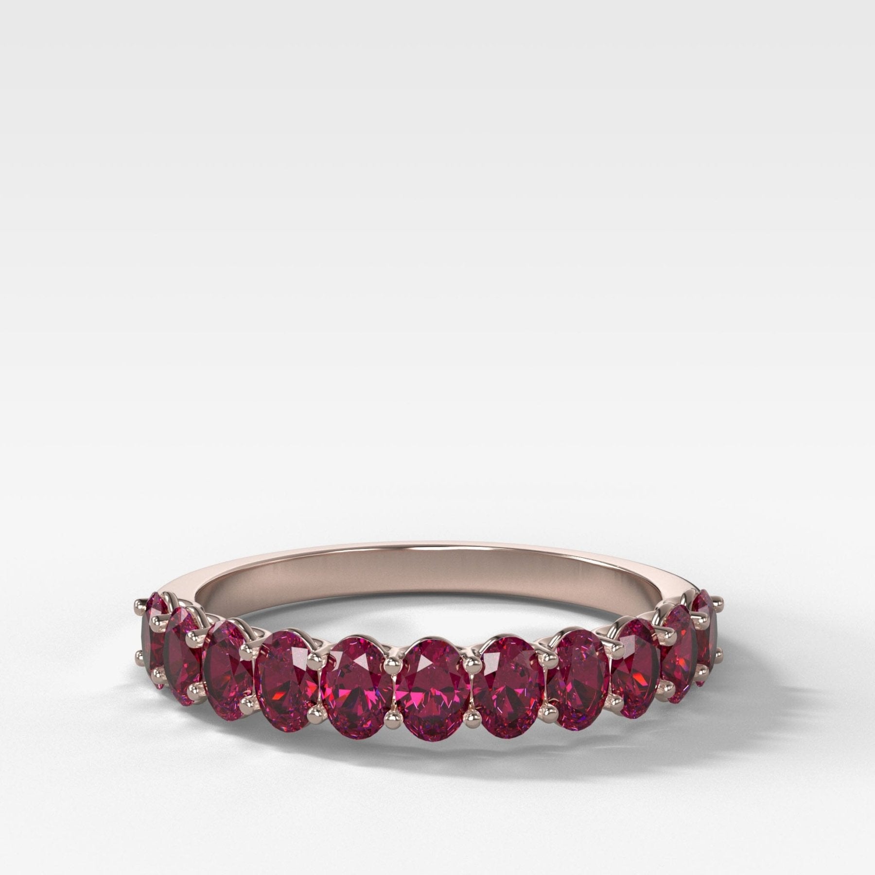 Petite Shared Prong Wedding Band with Red Ruby Oval Gemstones