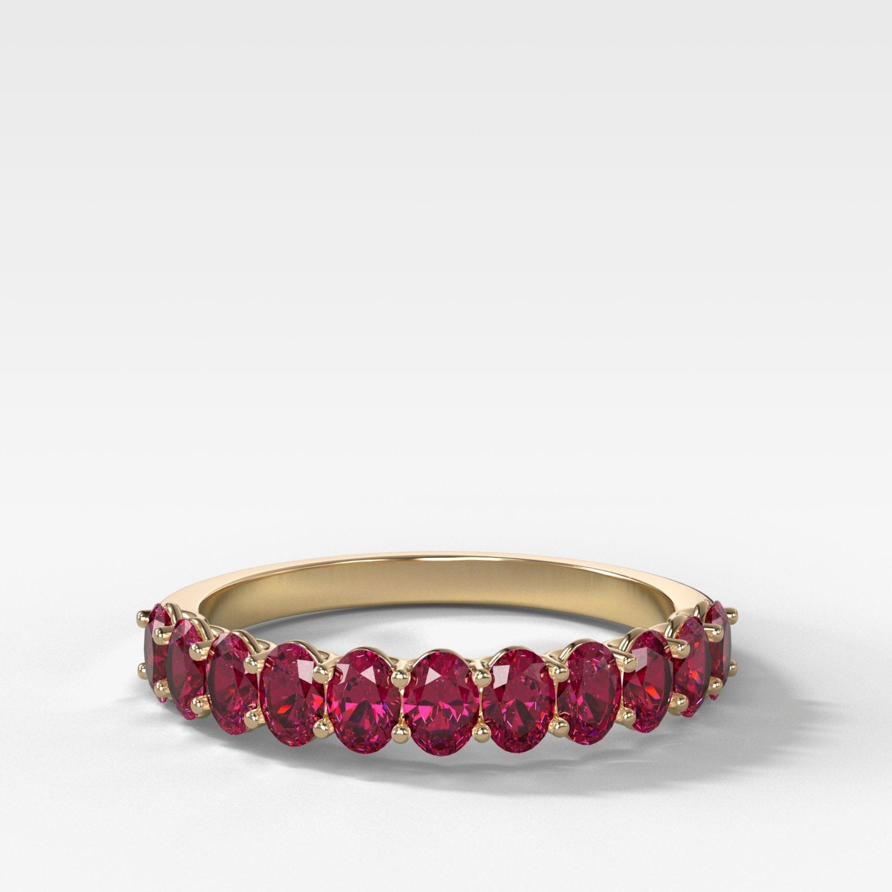 Petite Shared Prong Wedding Band with Red Ruby Oval Gemstones