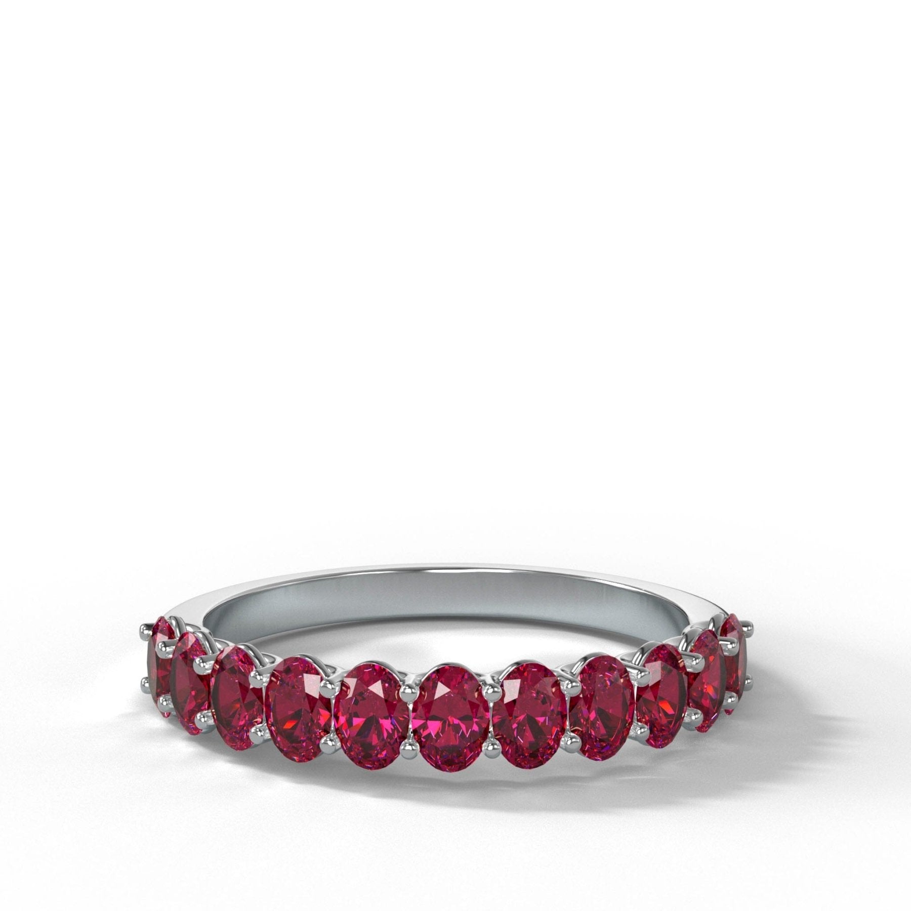 Petite Shared Prong Wedding Band with Red Ruby Oval Gemstones