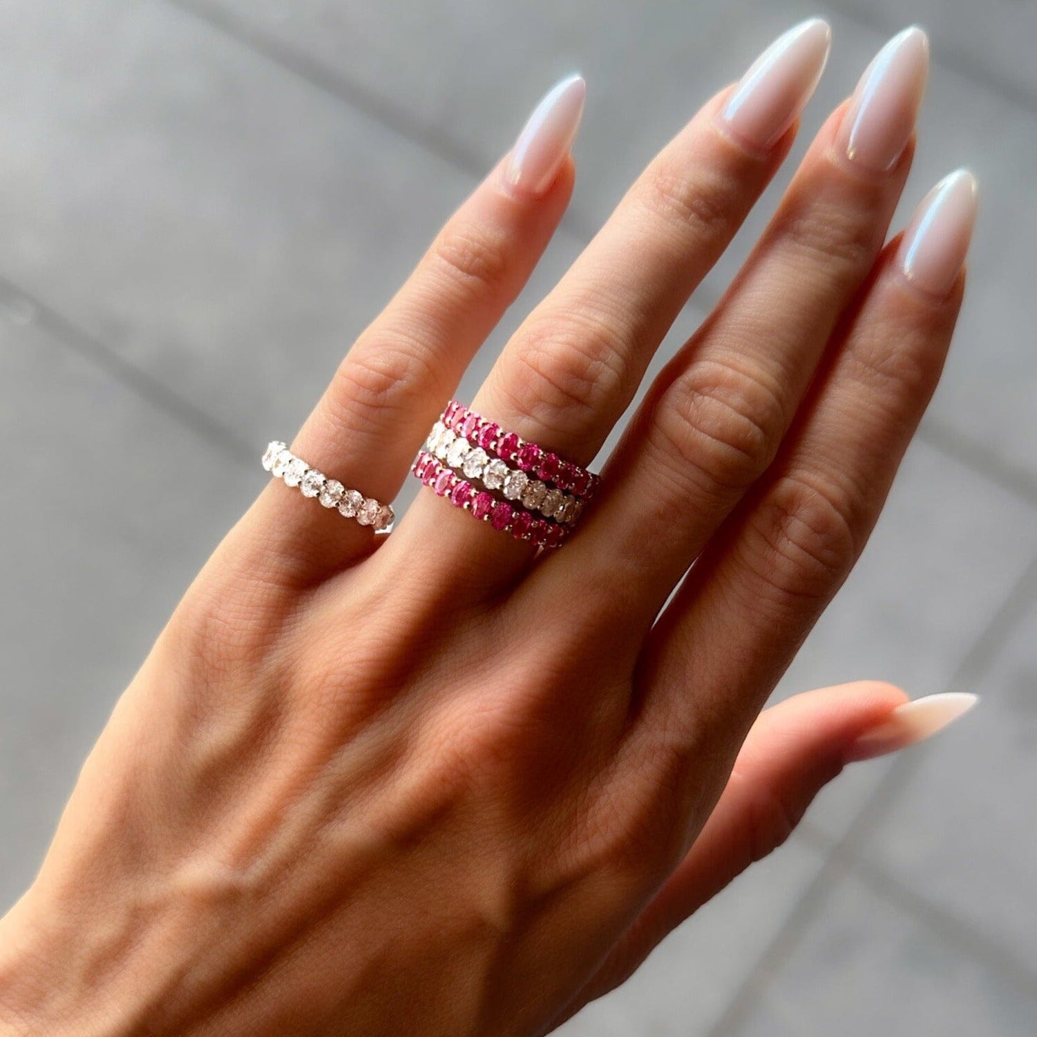Petite Shared Prong Wedding Band with Red Ruby Oval Gemstones Secondary image
