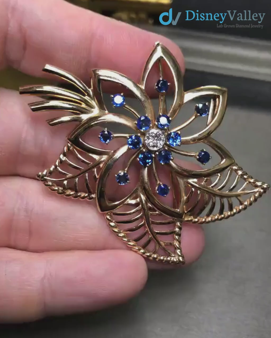 Vintage Retro 14K Rose Gold Diamond Sapphire Flower Brooch Pendant