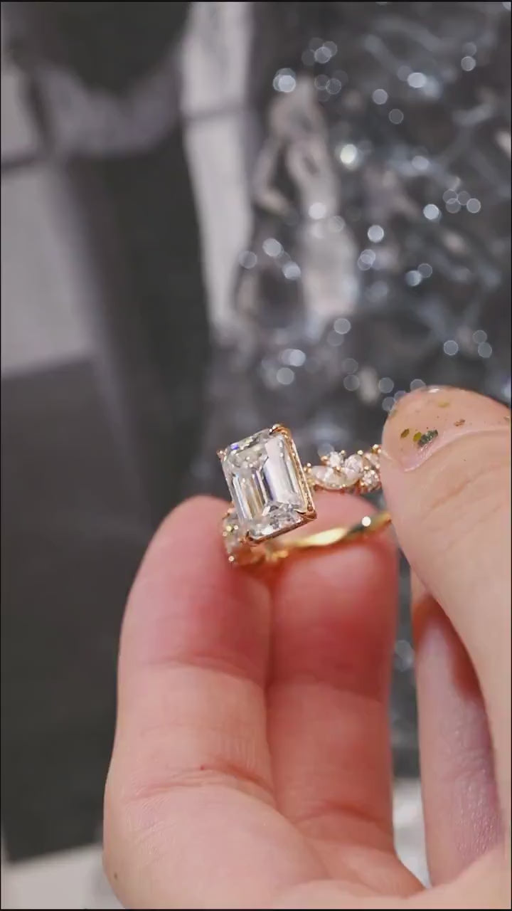 Solid Gold Emerald Cut Moissanite Engagement Ring, Proposal Ring