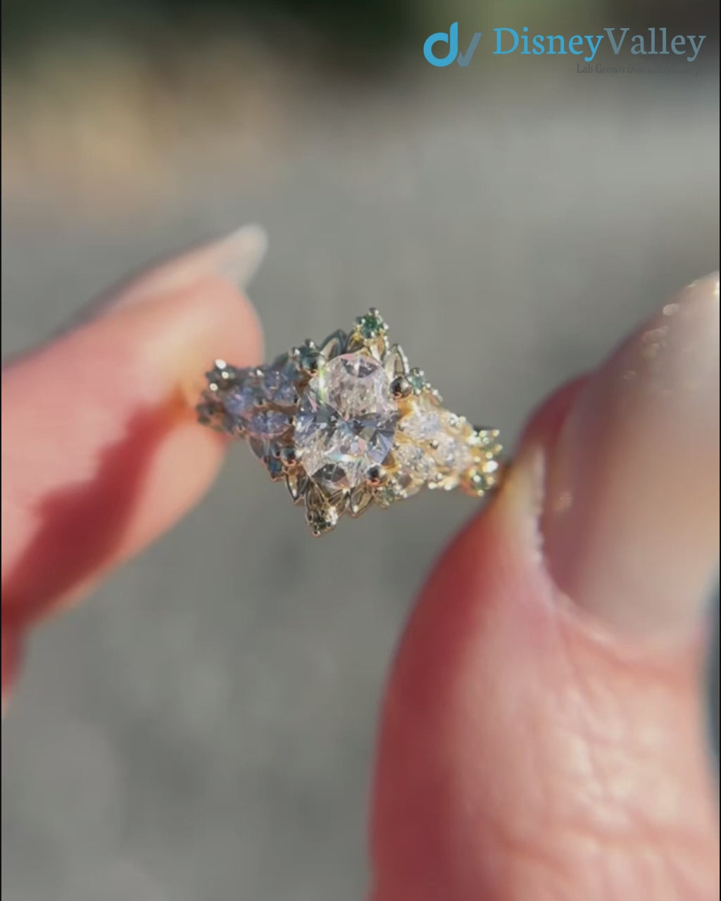 Briar rose starlight oval center Whimsical gold engagement ring