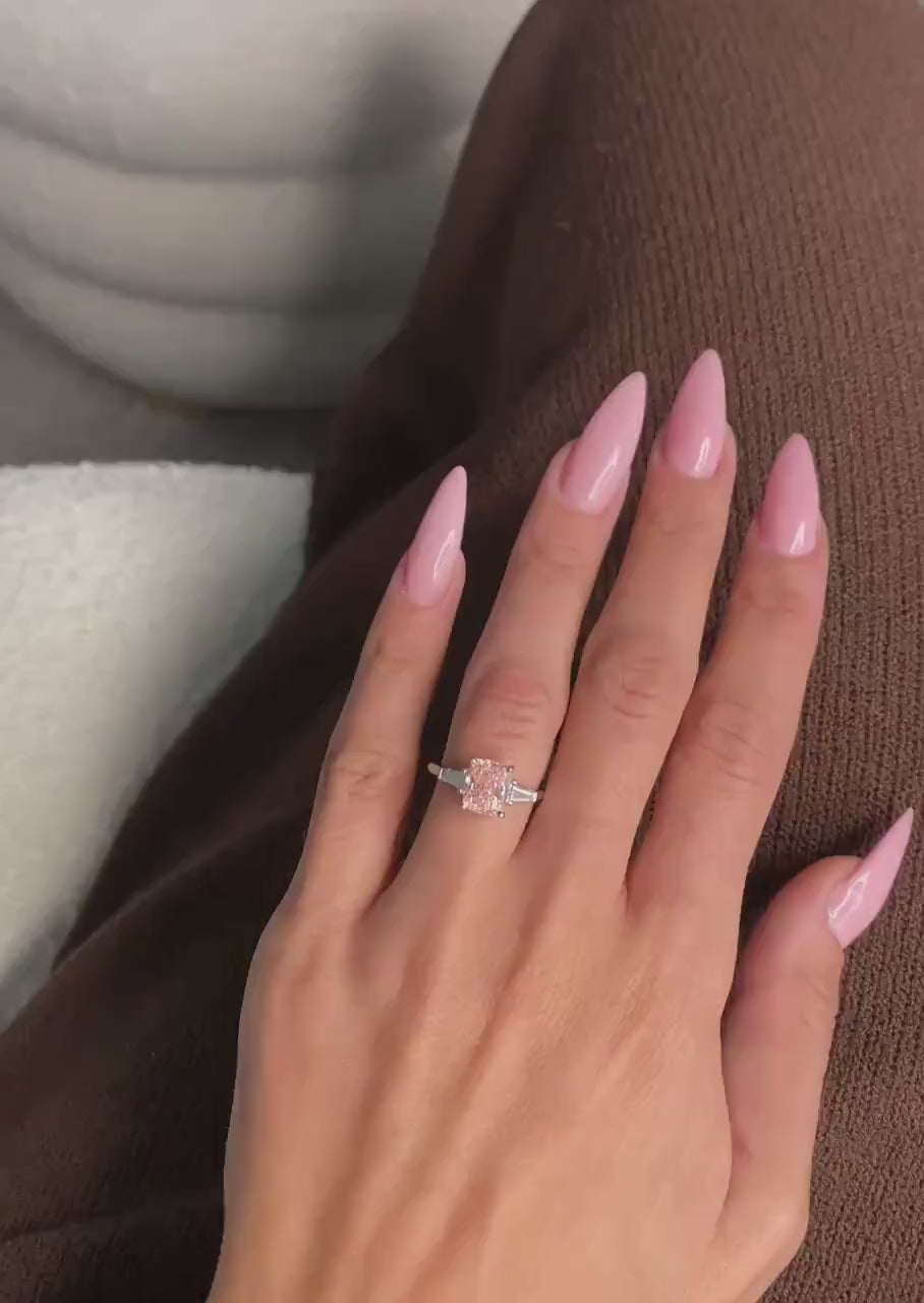 2.50 Carat Cushion Fancy Vivid Pink Lab Diamond 3 Stone Engagement Ring