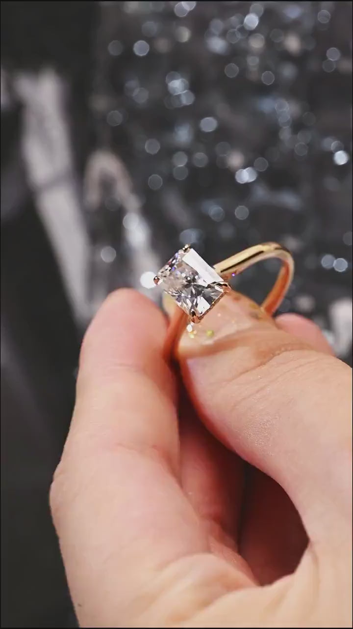 Solid Gold Radiant Cut Moissanite Engagement Ring, Cathedral Hidden Halo Ring
