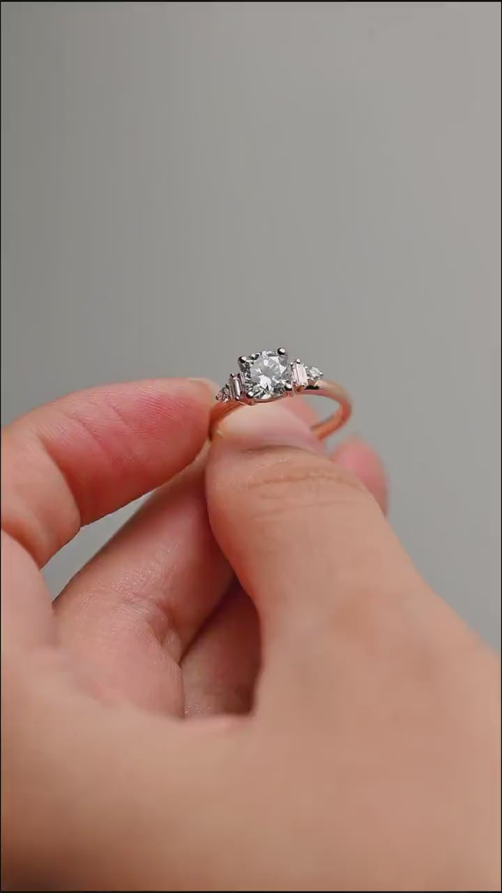 Solid Gold Cushion Cut Moissanite Engagement Ring with Side Stone, Promise Ring