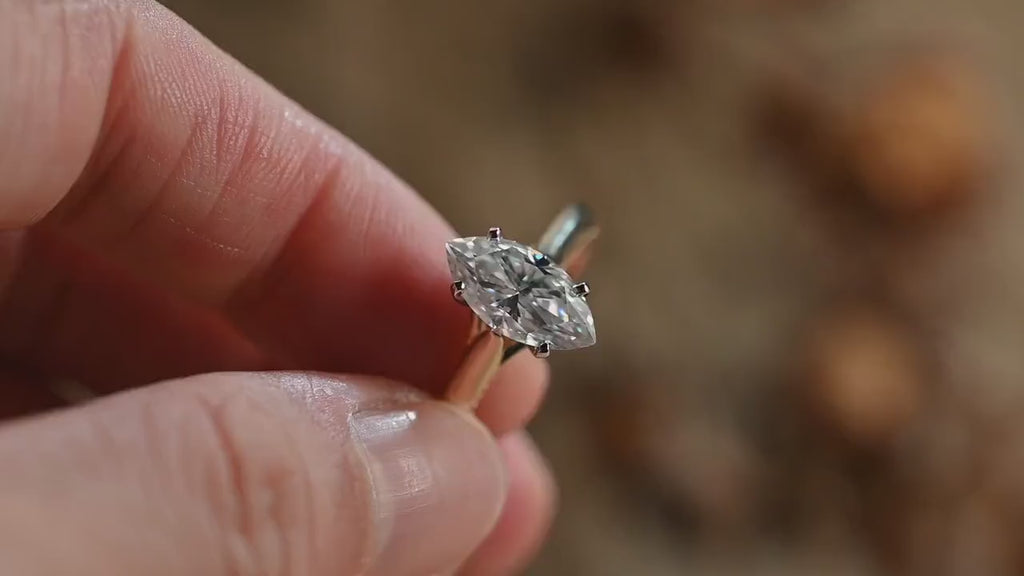 Solid Gold Two Tone Marquise Moissanite Engagement Ring, Unique Proposal Ring