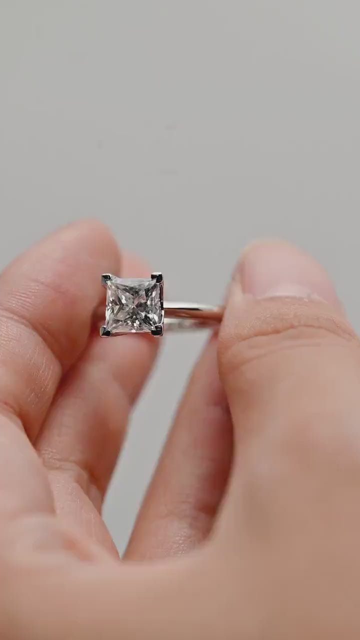 Solid Gold Princess Cut Moissanite Engagement Ring, Art Deco Ring