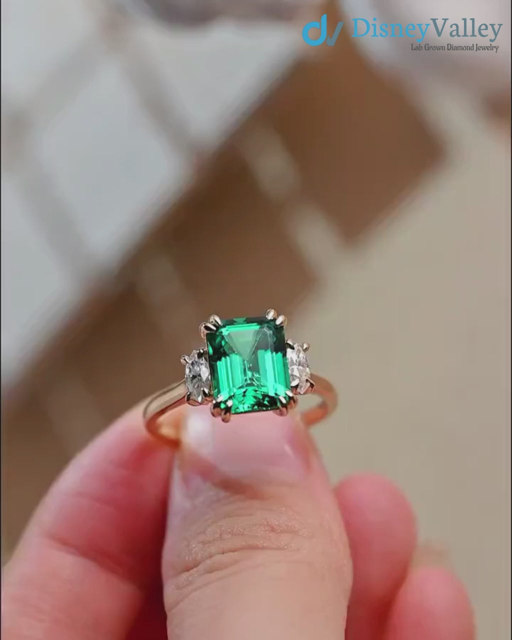 Solid Gold Lab Grown Emerald Three Stone Engagement Ring