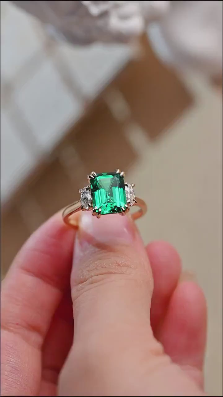 Lab Grown Emerald Engagement Ring, Solid Gold Three Stone Ring, Gift for Her