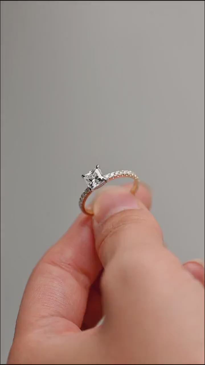 Solid Gold Two Tone Princess Cut Moissanite Engagement Ring, Anniversary Gift for Her