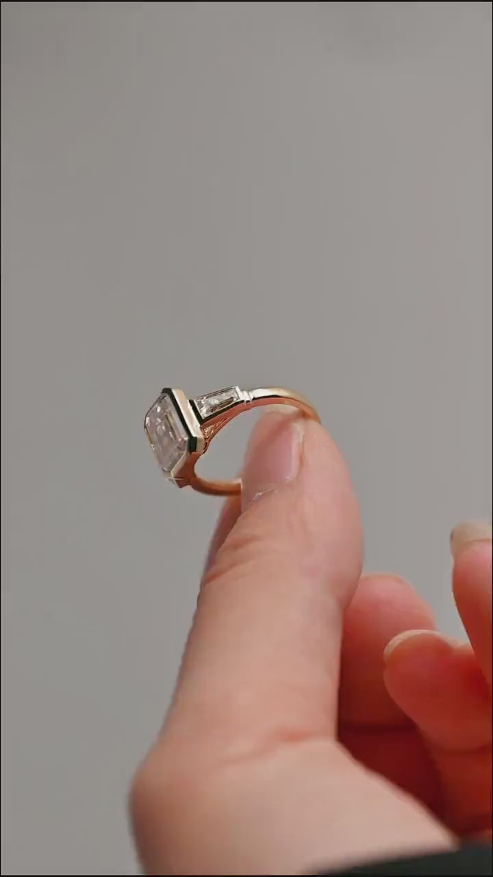 Elongated Emerald Cut Diamond Engagement Ring, Solid Gold Diamond Bezel Three Stone Ring, Anniversary Gift