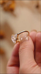 Solid Gold Emerald Cut Moissanite Engagement Ring With Trillion Side, Wedding Ring
