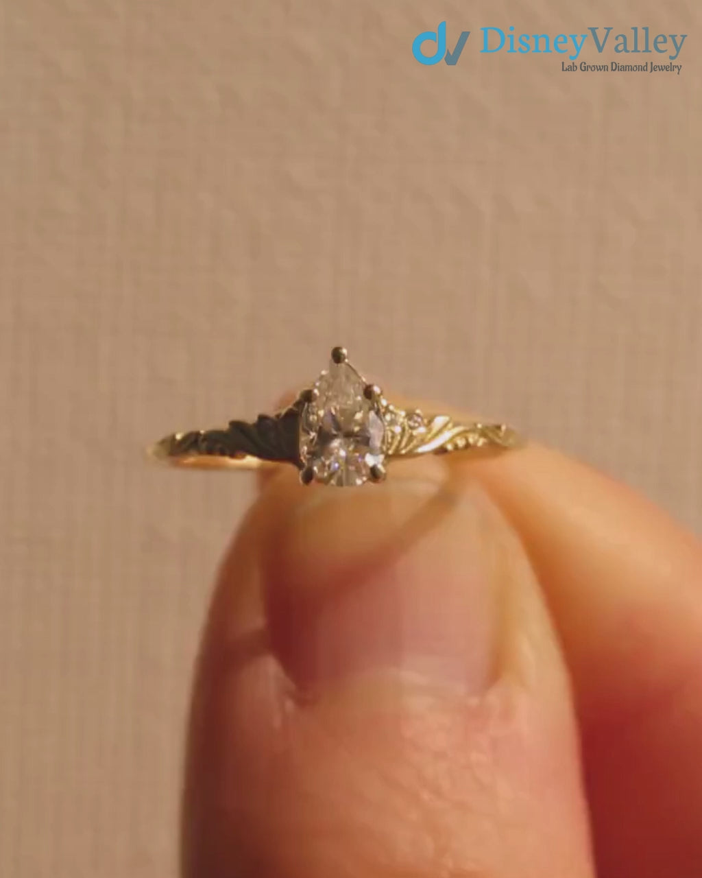 Foliate engagement ring, wedding solitaire pear cut diamond vintage leaf ring