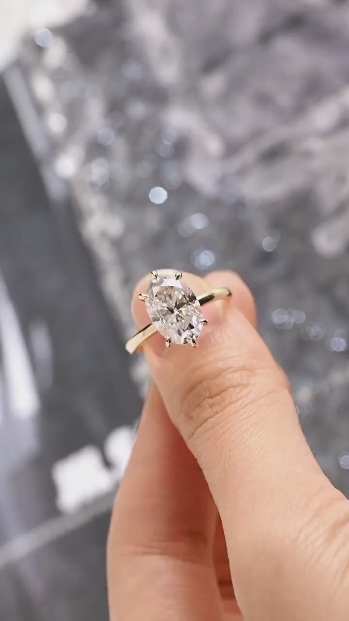 Solid Gold Oval Cut Moissanite Engagement Ring with Hidden Halo, Anniversary Gift for Her