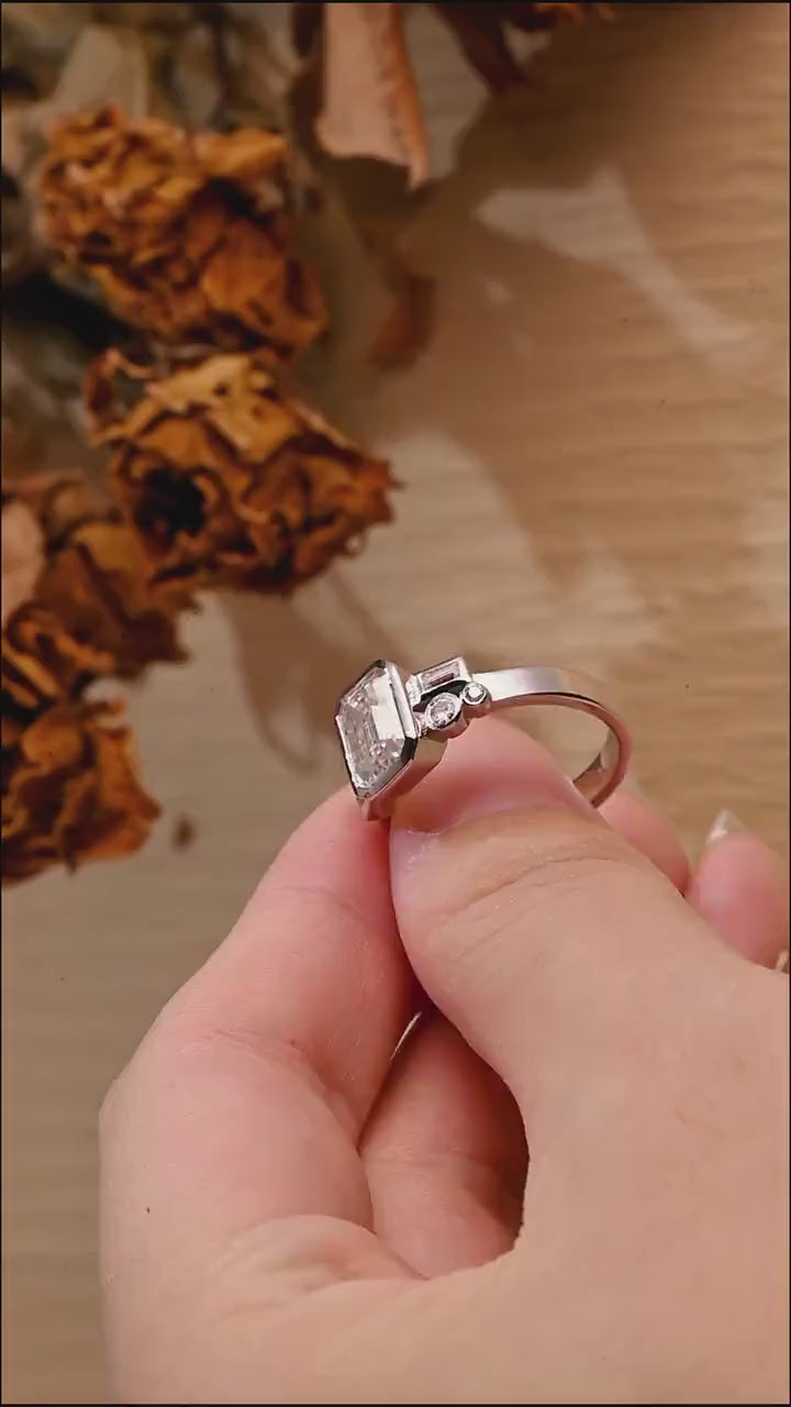 Solid Gold Bezel Emerald Cut Moissanite Engagement Ring, Dainty Cluster Promise Ring