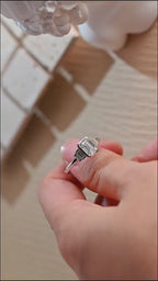 Solid Gold Emerald & Baguette Cut Moissanite Engagement Ring, Minimalist Cluster Bezel Ring