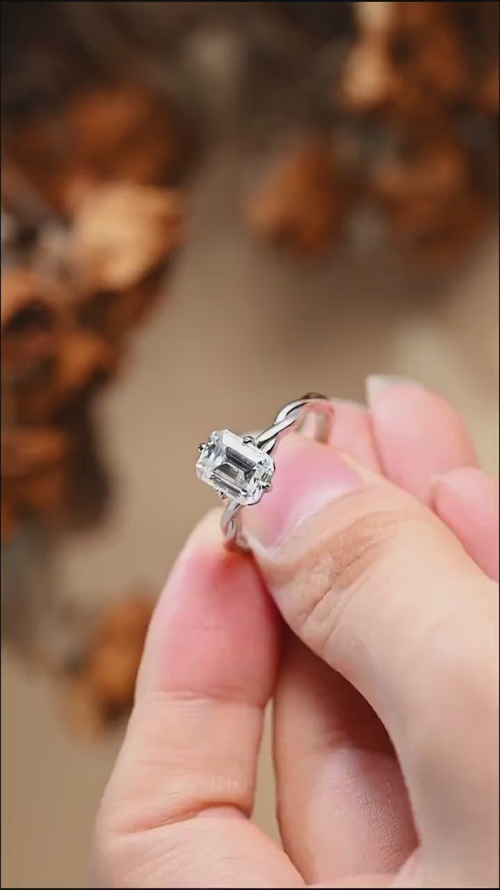 Solid Gold Emerald Cut Moissanite Engagement Ring, Twisted Band Promise Ring