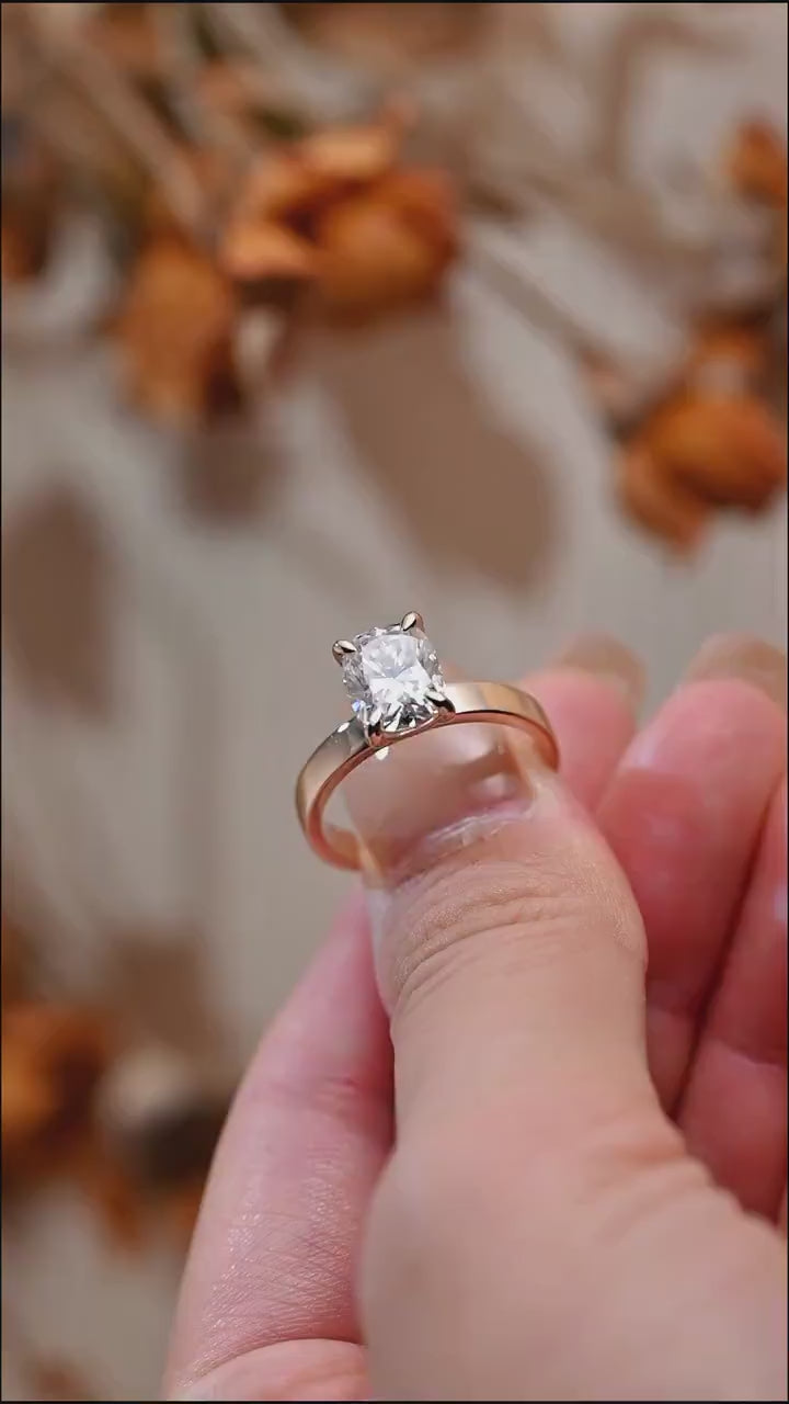 Solid Gold 3mm Band Elongated Cushion Cut Moissanite Engagement Ring, Anniversary Gift for Her