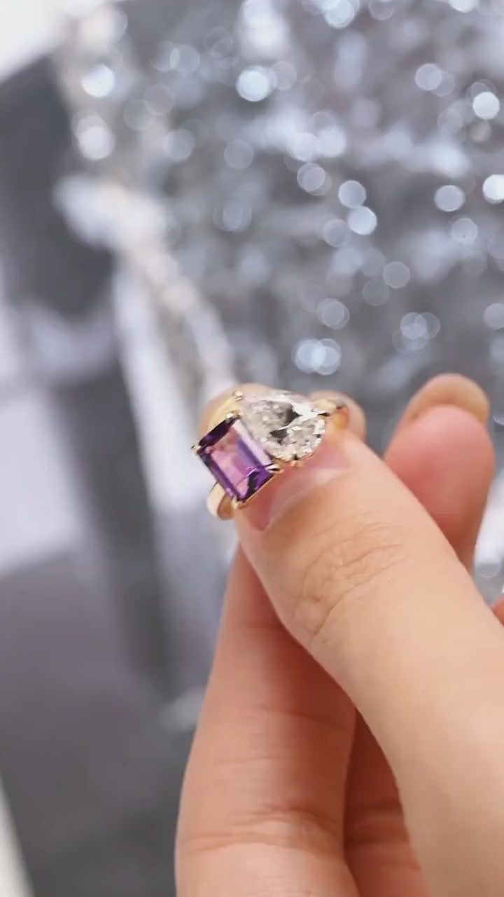 Solid Gold Toi et Moi Pear Moissanite & Emerald Amethyst Engagement Ring