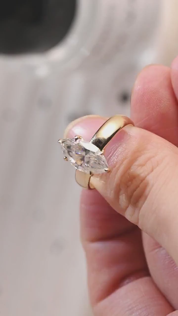 Solid Gold 4mm Band Marquise Moissanite Engagement Ring, Promise Ring