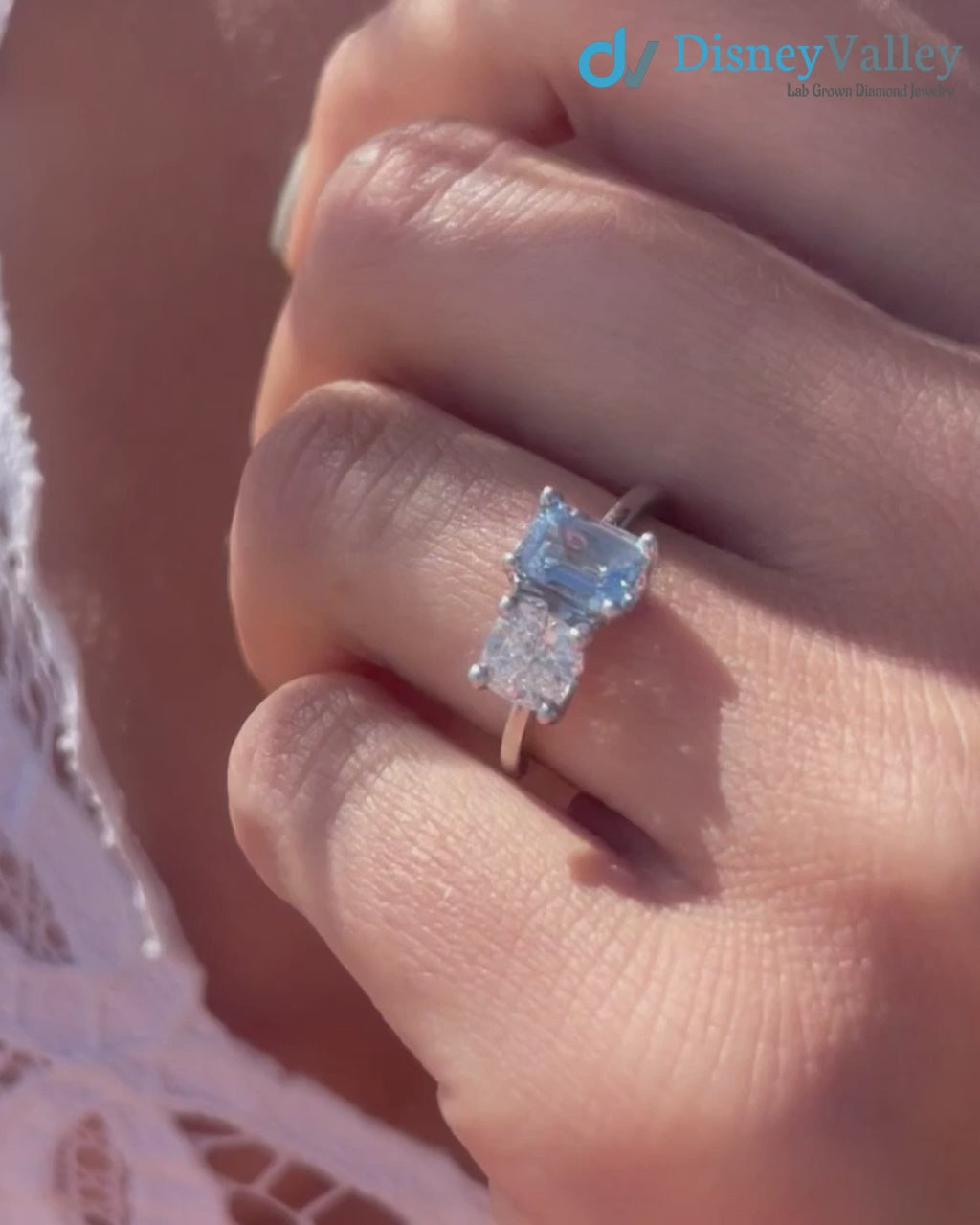 ice blue aqua spinel coupled with a IGI Certified cushion cut lab grown diamond Rings