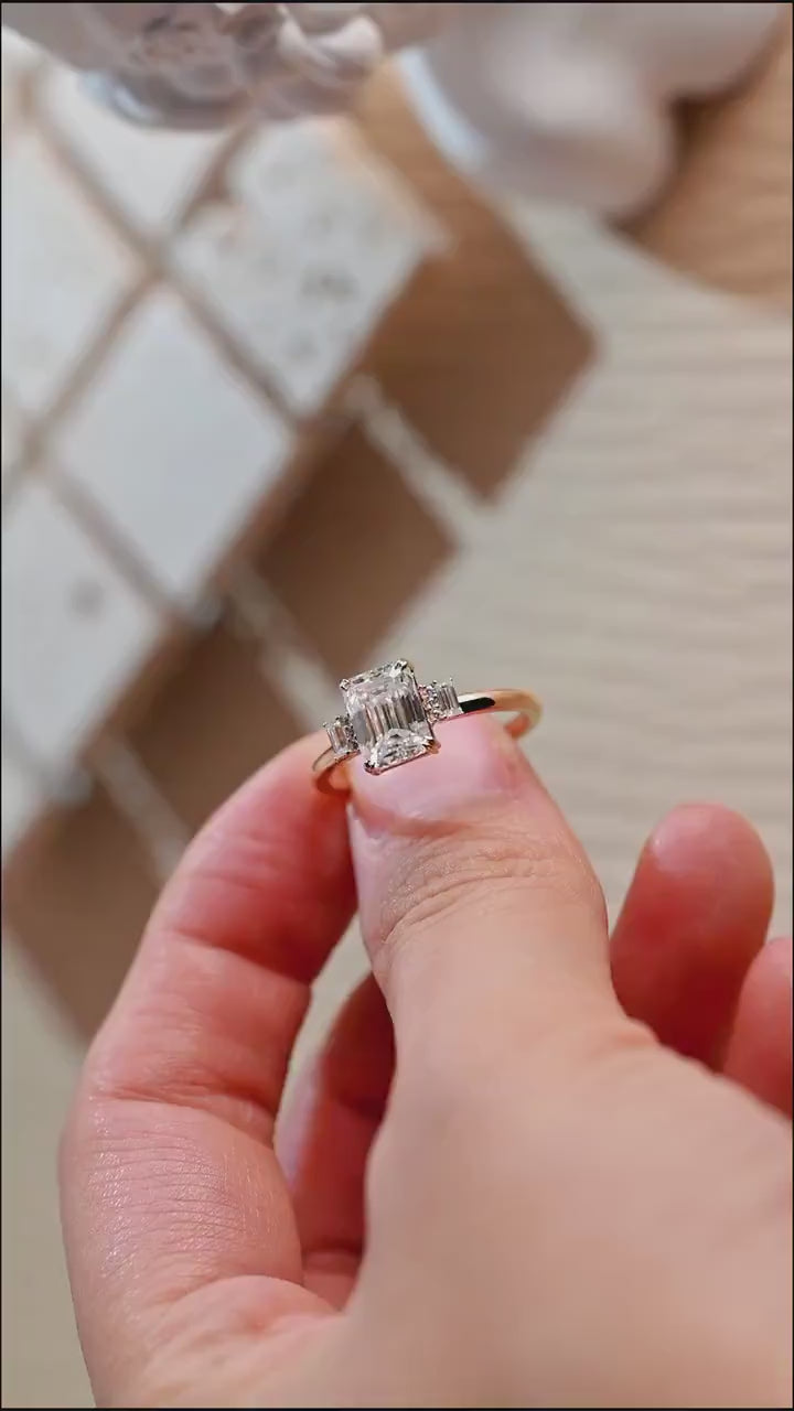 Solid Gold Emerald Cut Moissanite Engagement Ring, Dainty Cluster Promise Ring