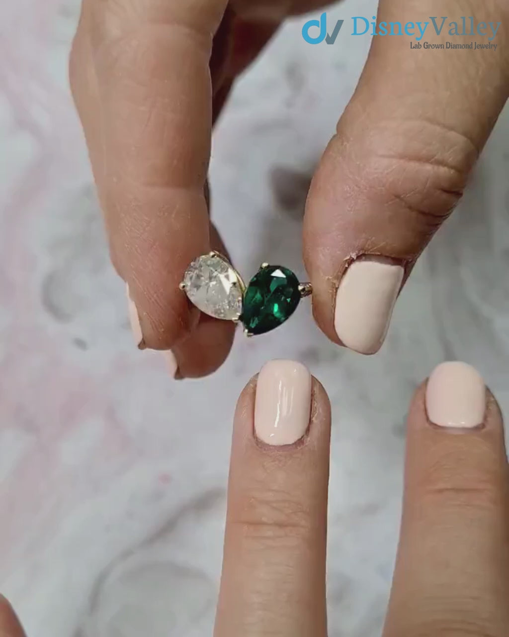 Toi Et Moi pear 2 Gem Emerald and Lab Grown Diamond Engagement Ring