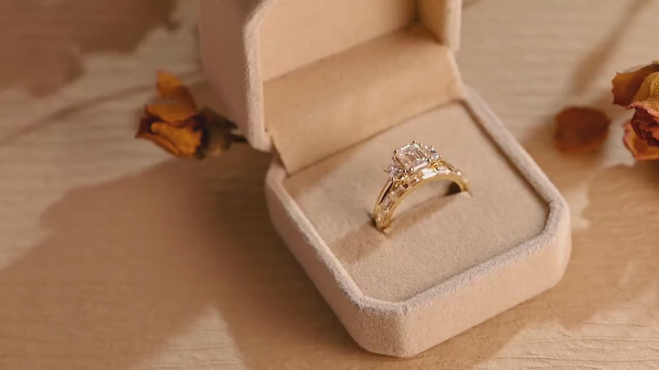 Solid Gold Emerald Cut Moissanite Engagement Ring and Wedding Band Set, Bridal Set
