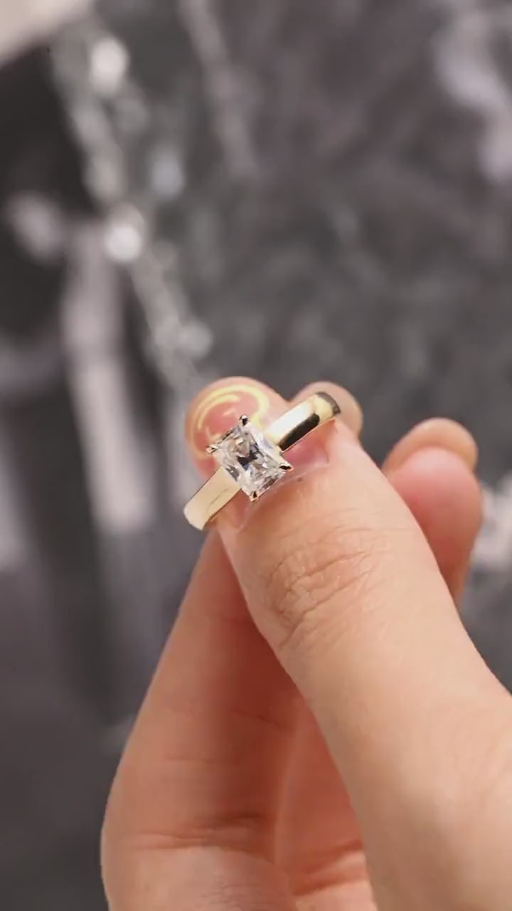 Solid Gold Radiant Cut Moissanite Engagement Ring, Art Deco Proposal Ring