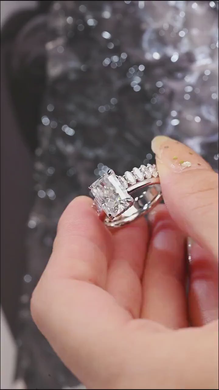Solid Gold Crushed Ice Radiant Moissanite Wedding Band Set