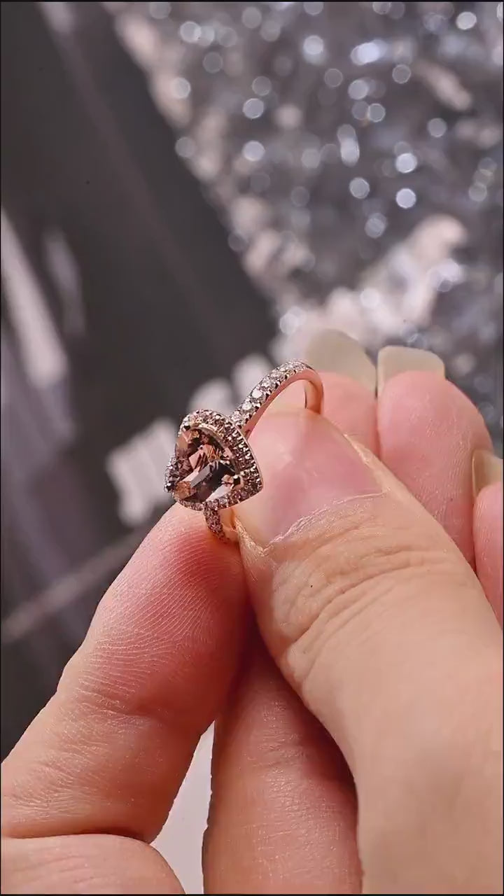Solid Gold Halo Heart Cut Pink Moissanite Sapphire Engagement Ring