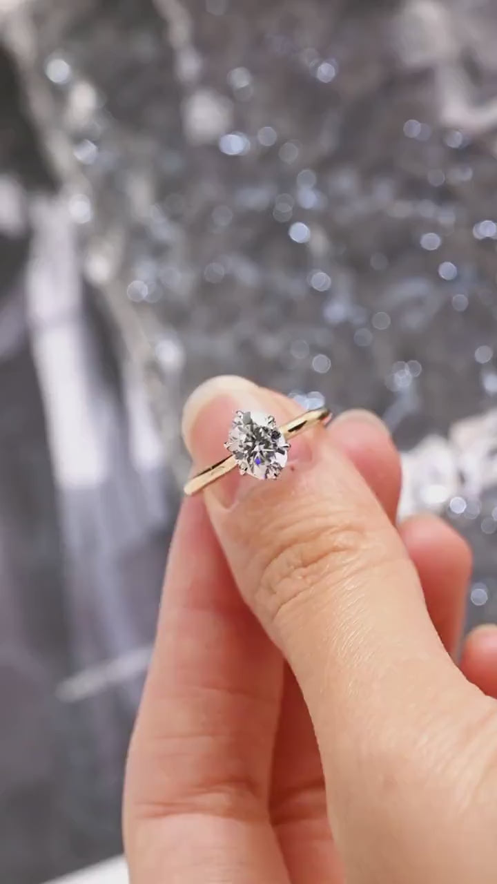 Solid Gold Two Tone Tulip Flower Oval Moissanite Engagement Ring, Dainty Ring