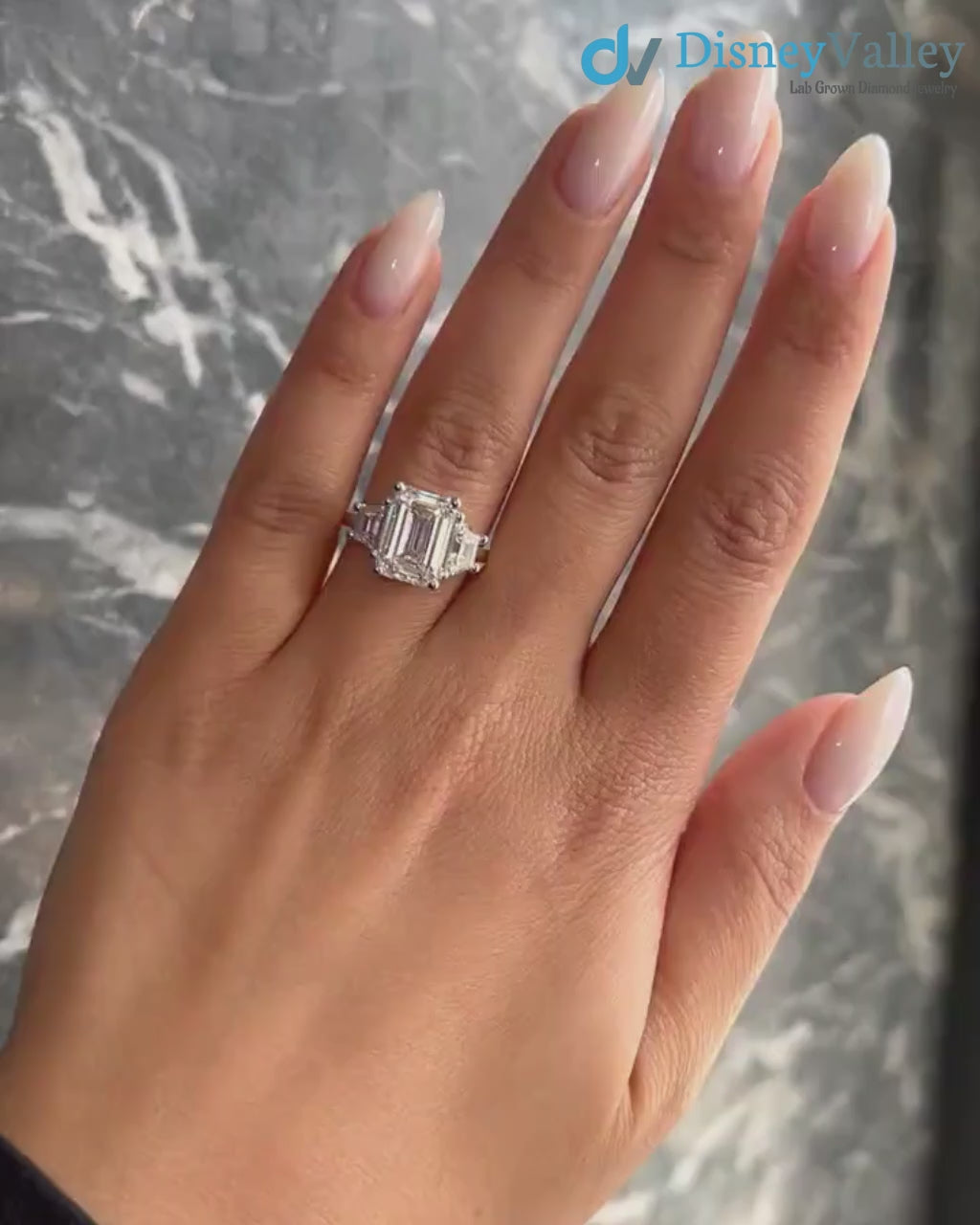 Two Tone Emerald Cut 5 carat IGI Certified Lab Grown Diamond Three Stone Engagement Ring