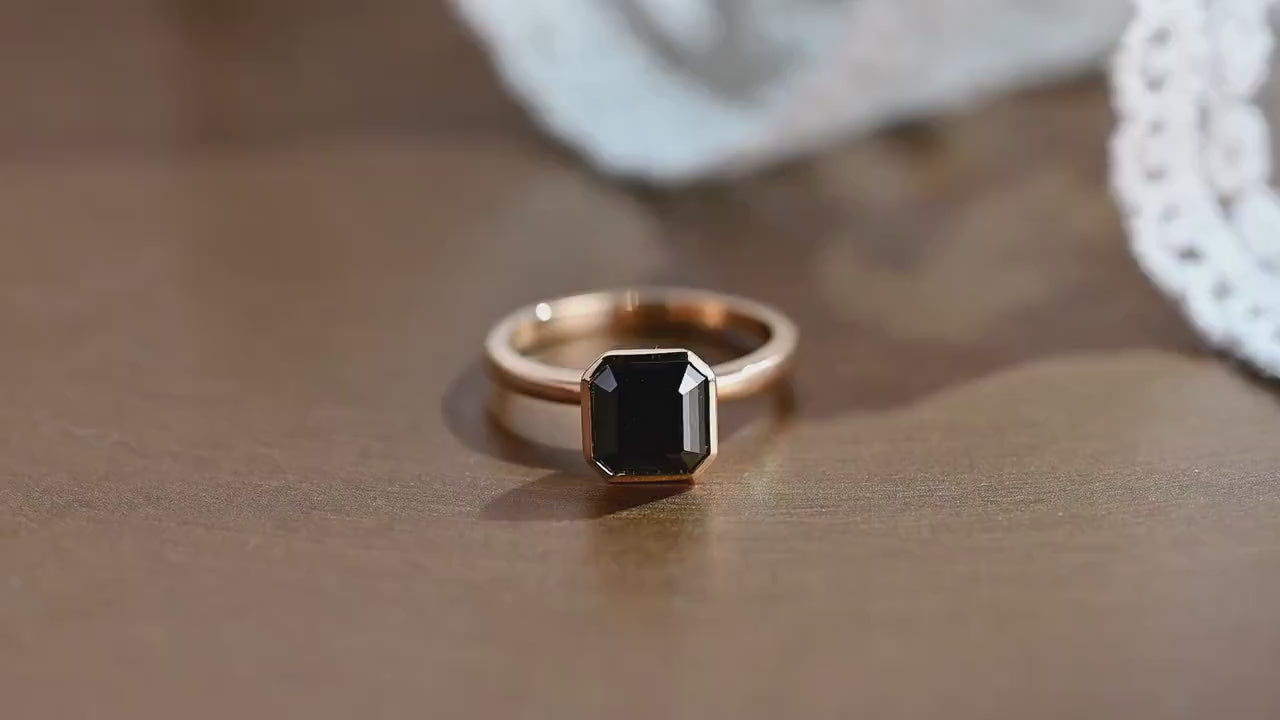 Solid Gold Asscher Cut Moissanite Engagement Ring, Minimalist Ring, Gift for Her