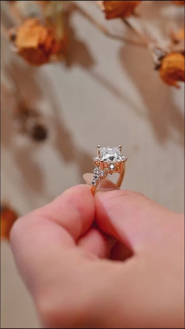 Solid Gold Princess Cut Moissanite Engagement Ring, Custom-Made Ring Available
