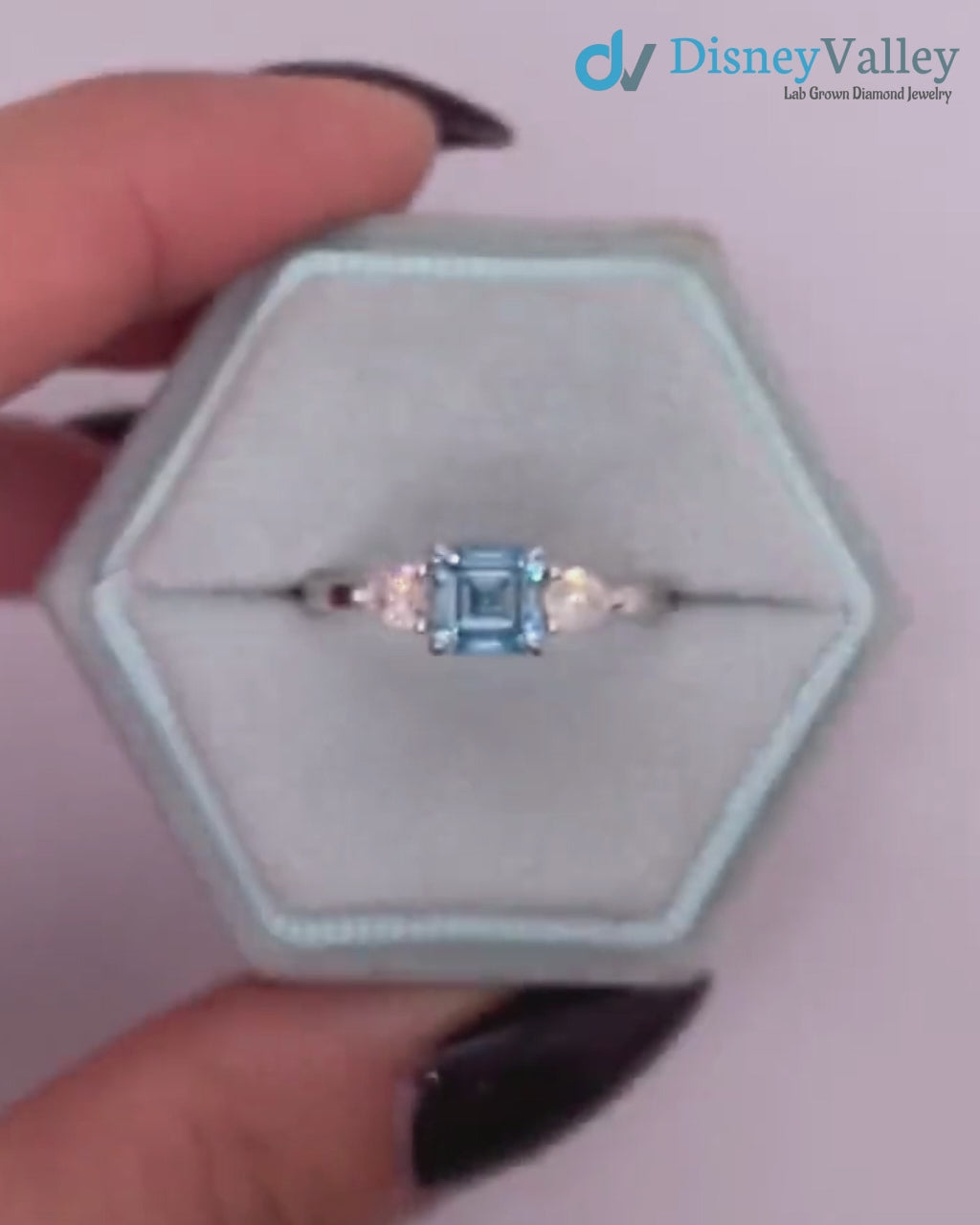 1.3 Carat Fancy Vivid Blue Color IGI Certified Asscher Cut Lab Diamond Three Stone Engagement Ring