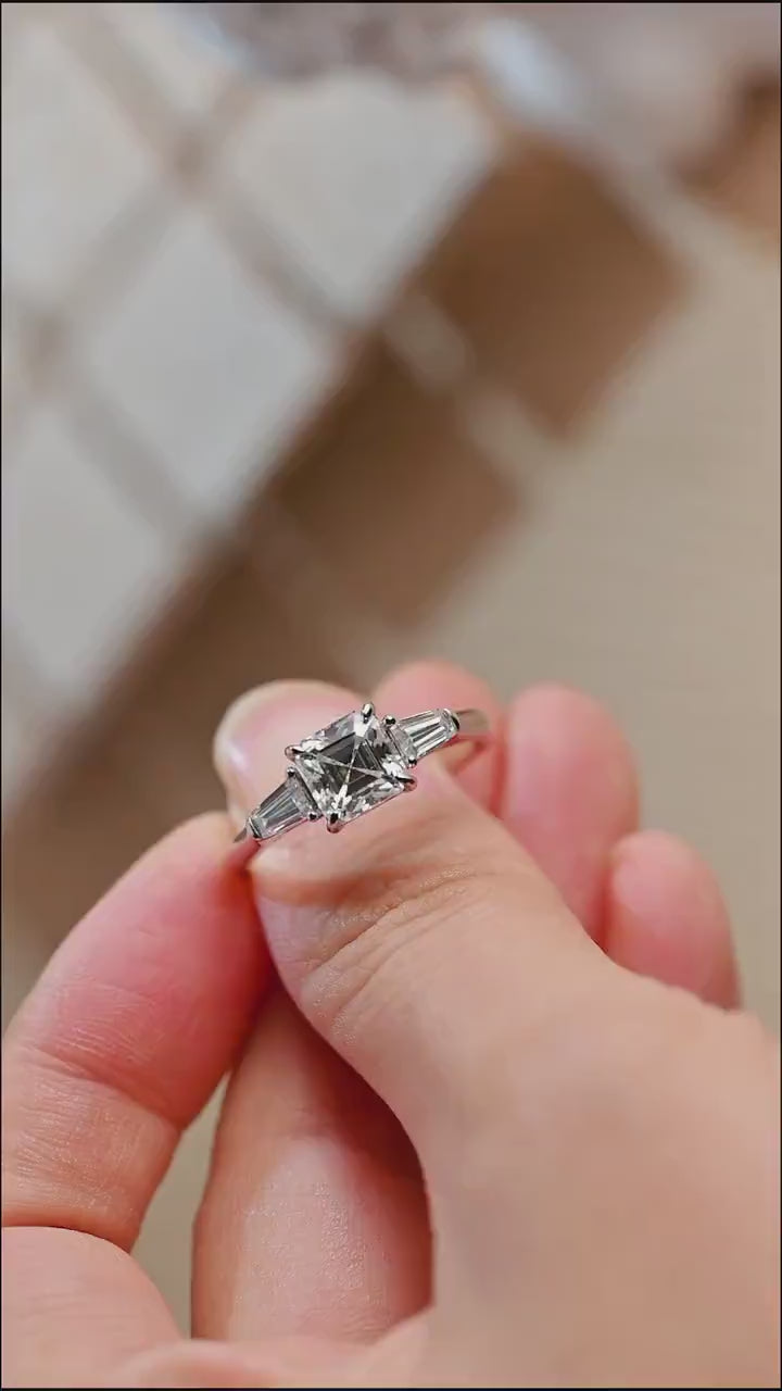 Solid Gold Assher Cut Moissanite Engagement Ring, Three Stones Ring,