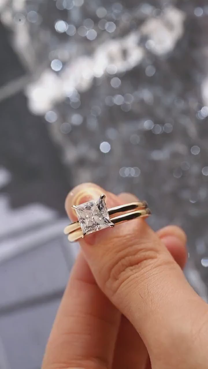 Solid Gold Princess Cut Moissanite Engagement Ring and Wedding Ring Set, Anniversary Gift for Her