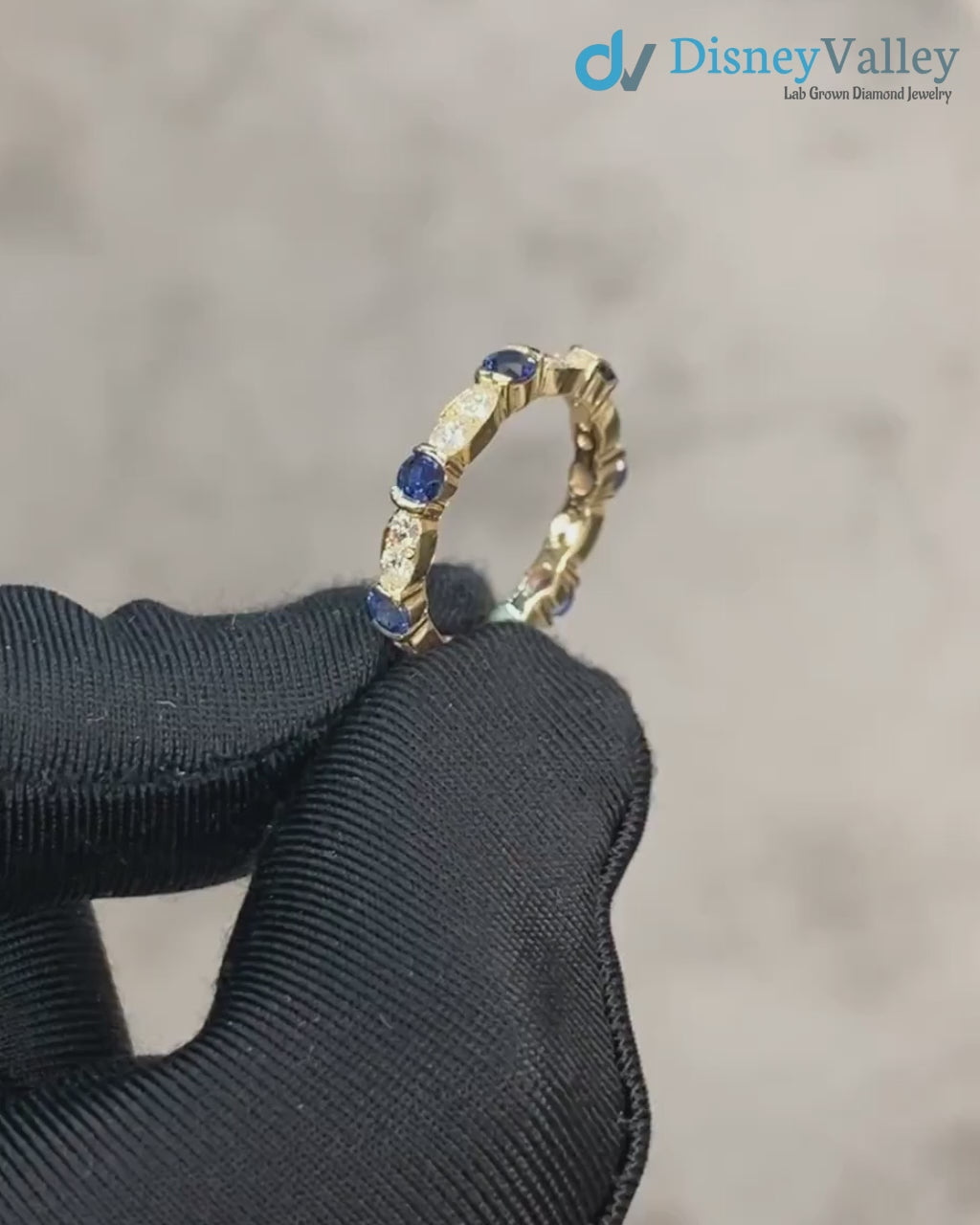 Blue Sapphire and Diamond Wedding Ring in 14K Yellow Gold Unique Wedding Band
