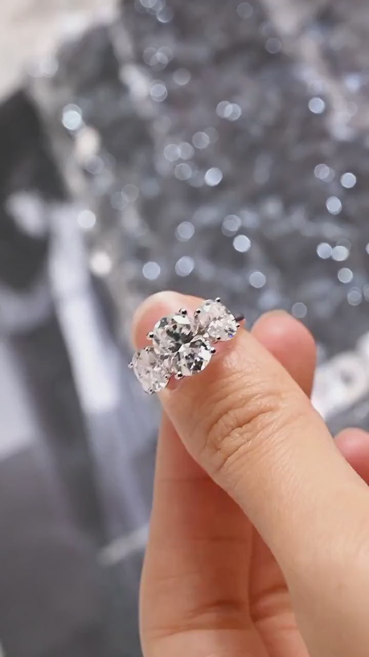 Solid Gold Oval Cut Moissanite Engagement Ring, Three Stone Ring