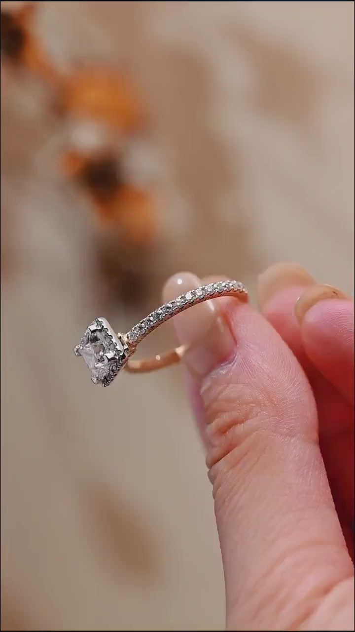 Solid Gold Two Tone Princess Moissanite Engagement Ring, Halo Bridal Ring