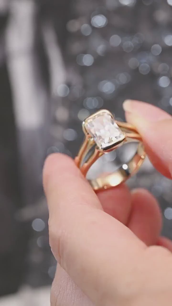 Solid Gold Radiant Cut Moissanite Bezel Engagement Ring, Split Shank Ring,