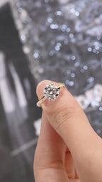 Solid Gold Round Cut Moissanite Engagement Ring, Star Engraved Ring, Anniversary Gift for Her