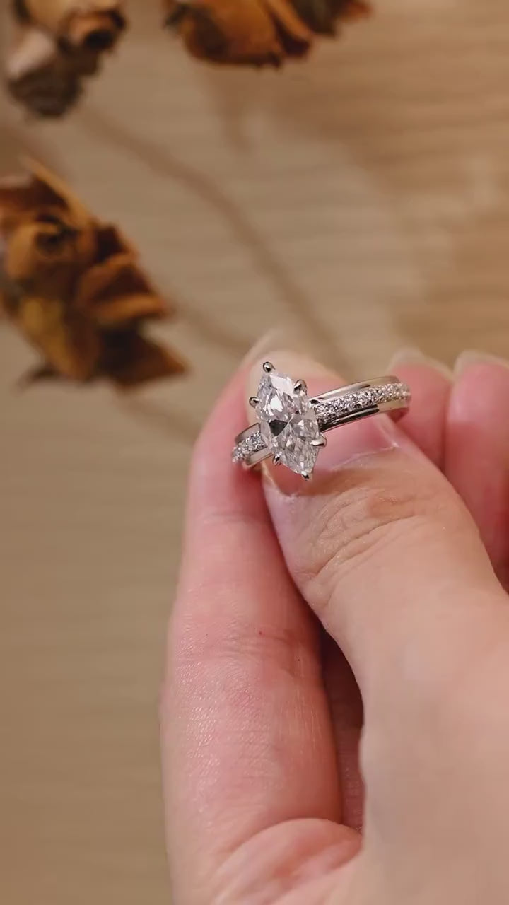 Solid Gold 4mm Wide Band, Marquise Moissanite Engagement Ring