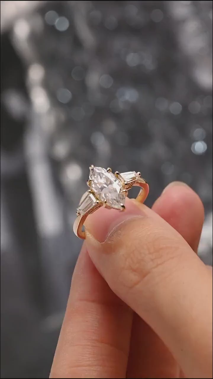 Solid Gold Three Stone Ring, Marquise Moissanite Engagement Ring