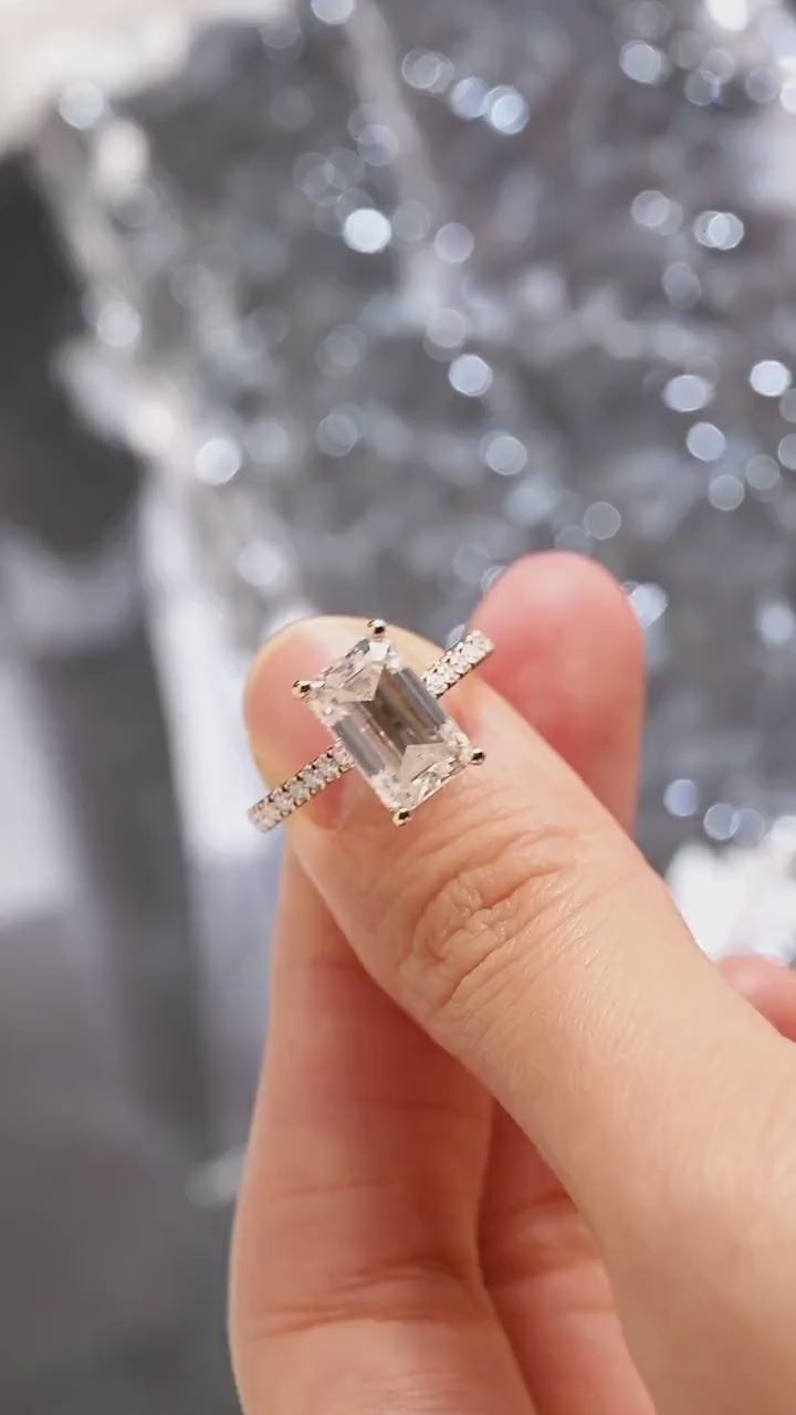 Solid Gold Emerald Cut Moissanite Engagement Ring, Anniversary Gift