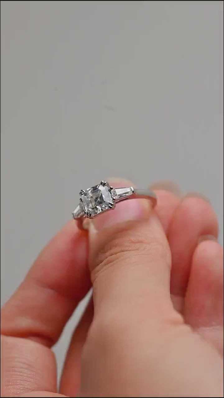 Solid Gold Asscher Cut Moissanite Engagement Ring, Three Stone Ring