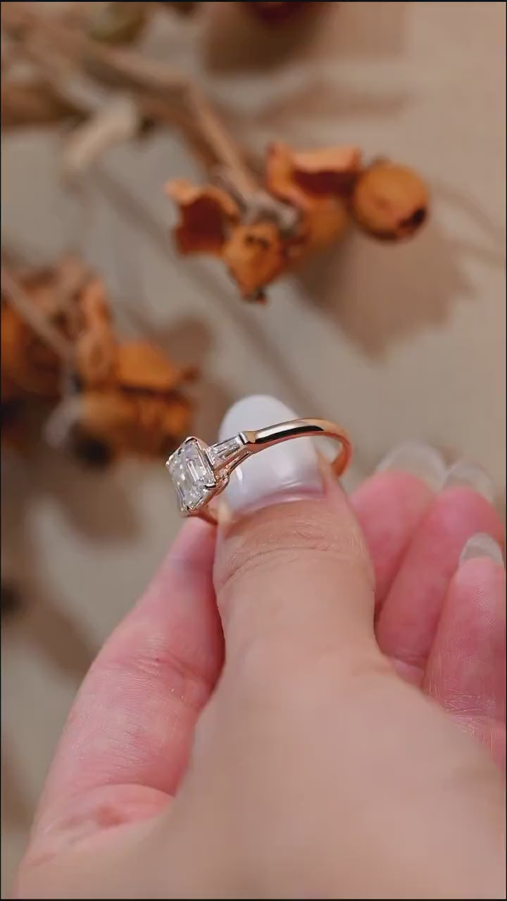 Solid Gold Emerald Moissanite Engagement Ring, Three Stone Ring