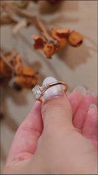Solid Gold Emerald Moissanite Engagement Ring, Three Stone Ring